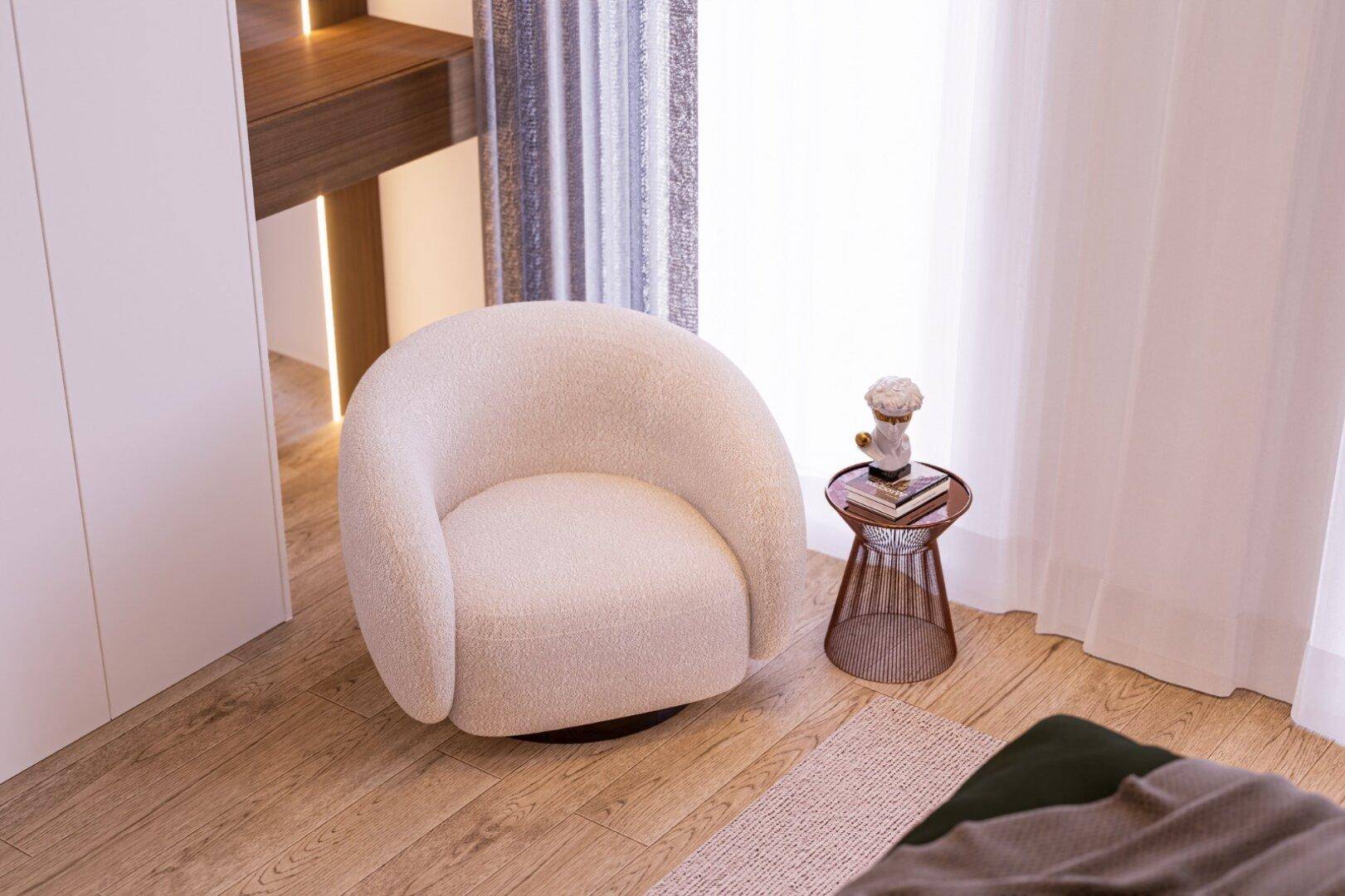 Detailaufnahme eines modernen Sessels und Beistelltisches im Schlafzimmer mit Holzboden.