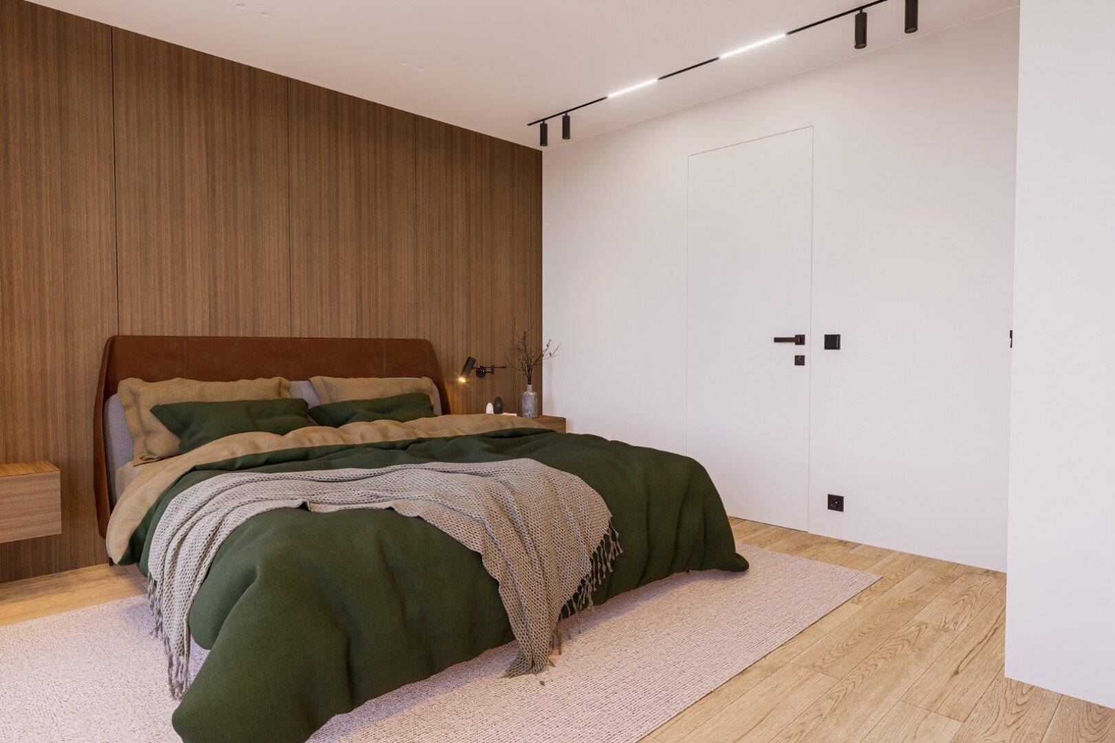 Modernes Schlafzimmer mit Holzwand, großem Bett und minimalistischer Einrichtung.