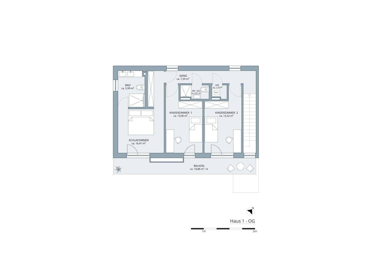 Grundriss des Obergeschosses mit Schlafzimmern, Bad und Balkon für Haus 1.