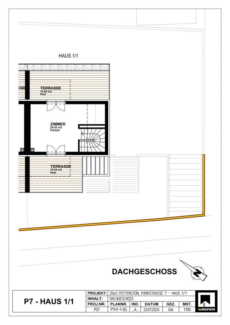 Grundriss des Dachgeschosses mit einem Zimmer und zwei Terrassen.