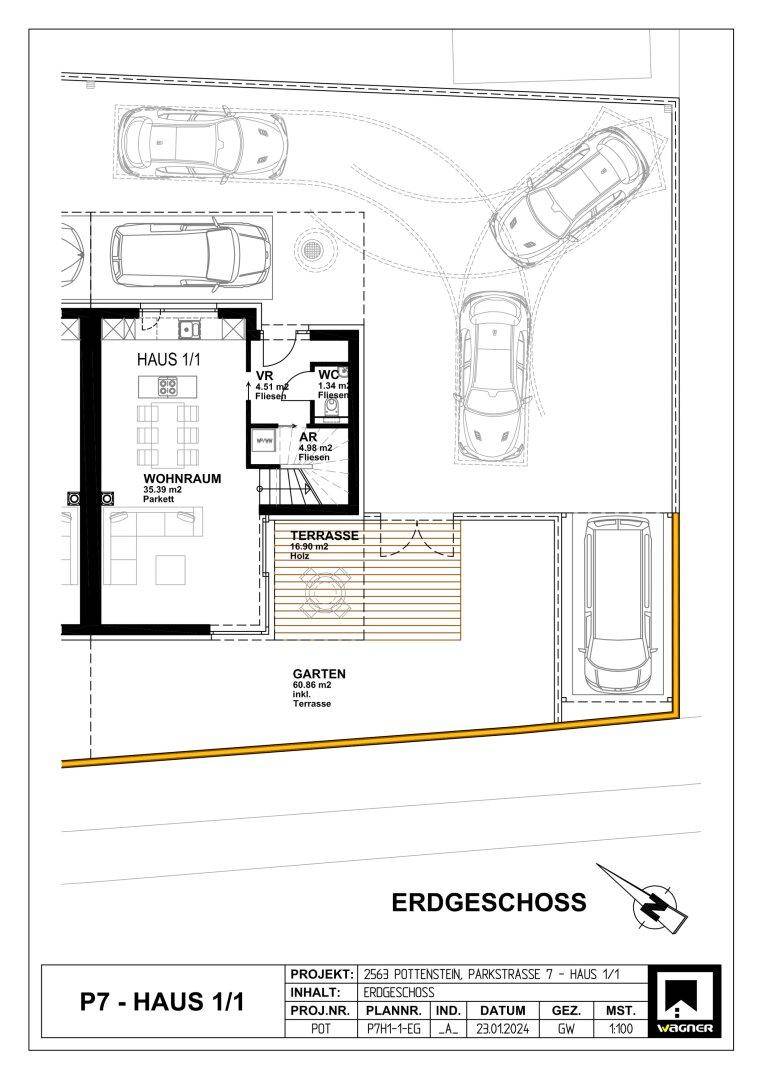 Grundriss des Erdgeschosses mit Wohnraum, Terrasse, Garten und Parkplätzen.