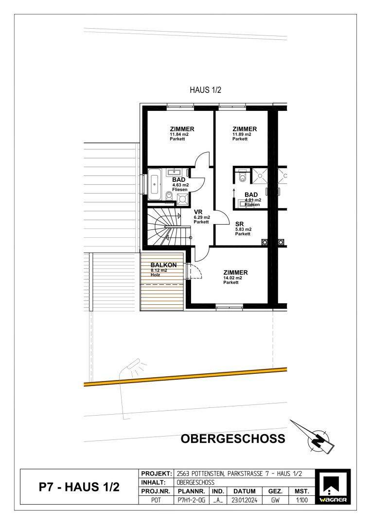 Grundriss des Obergeschosses mit drei Zimmern, zwei Bädern und einem Balkon.