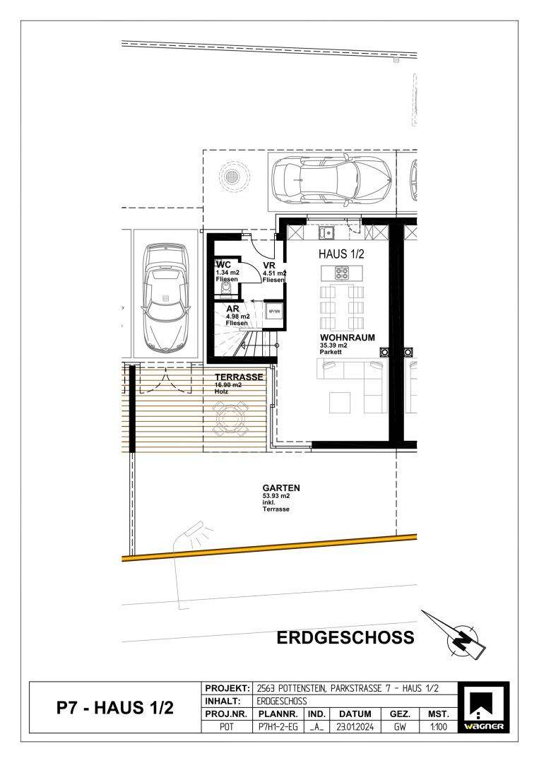 Grundriss des Erdgeschosses mit Wohnraum, Terrasse, Garten und Parkplätzen.