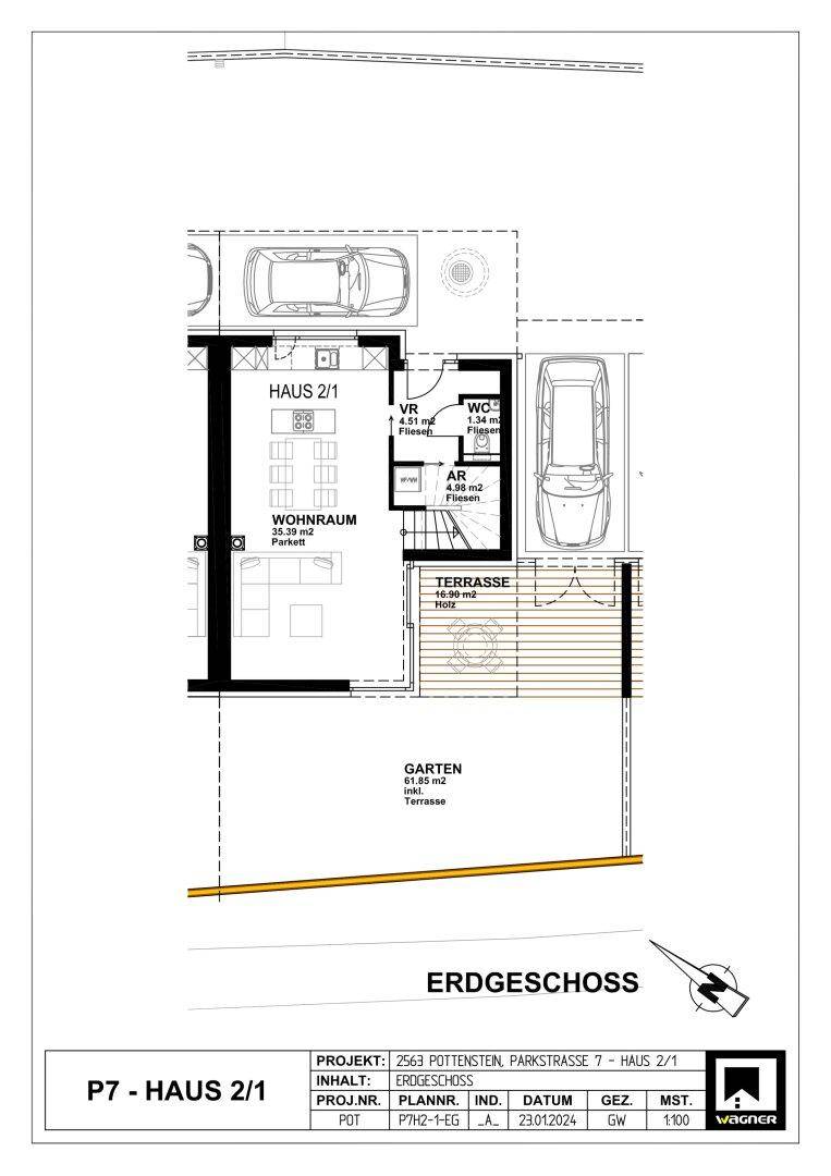Grundriss des Erdgeschosses mit Wohnraum, Terrasse, Garten und separatem WC.