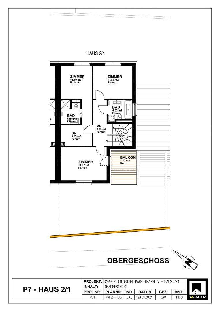 Grundriss des Obergeschosses mit Schlafzimmern, Badezimmer und Zugang zum Balkon.