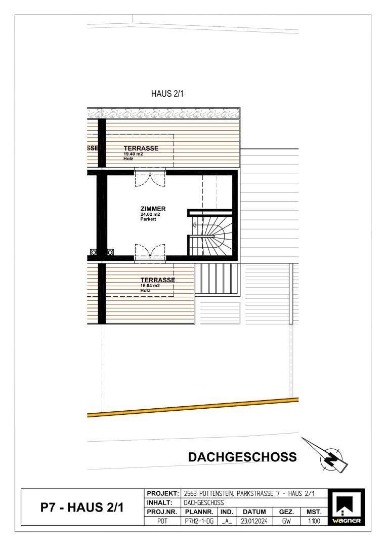 Grundriss des Dachgeschosses mit einem Zimmer und zwei großzügigen Dachterrassen.