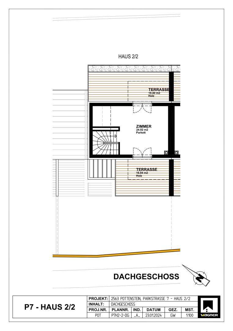 Grundriss des Dachgeschosses mit einem Zimmer und zwei Terrassen.