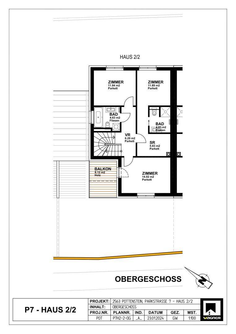 Grundriss des Obergeschosses mit drei Zimmern, zwei Bädern und einem Balkon.