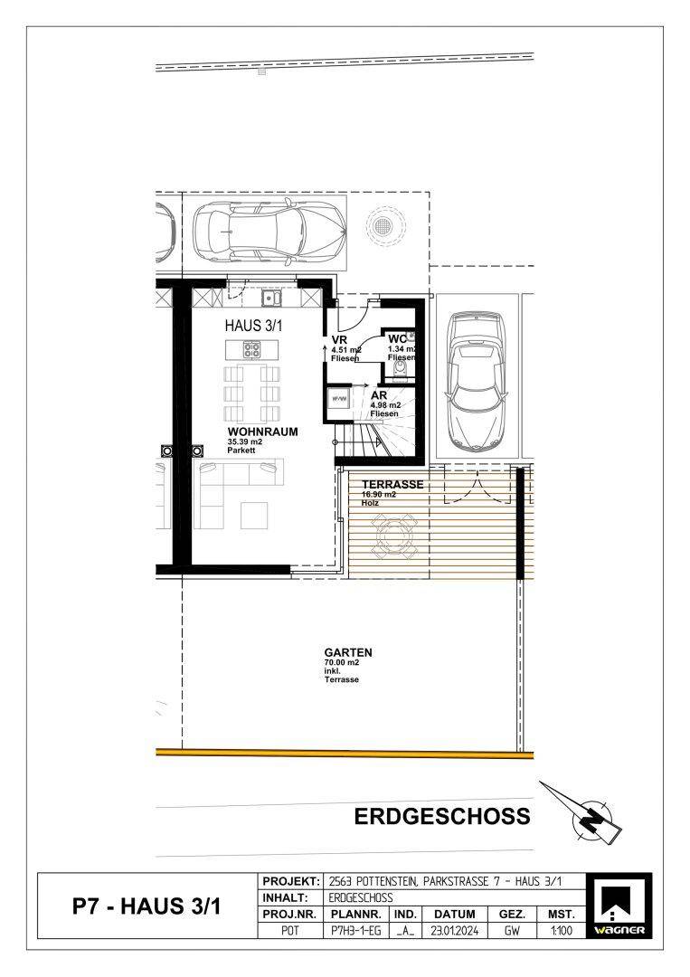 Grundriss des Erdgeschosses mit Wohnraum, WC, Abstellraum, Terrasse und Gartenbereich.