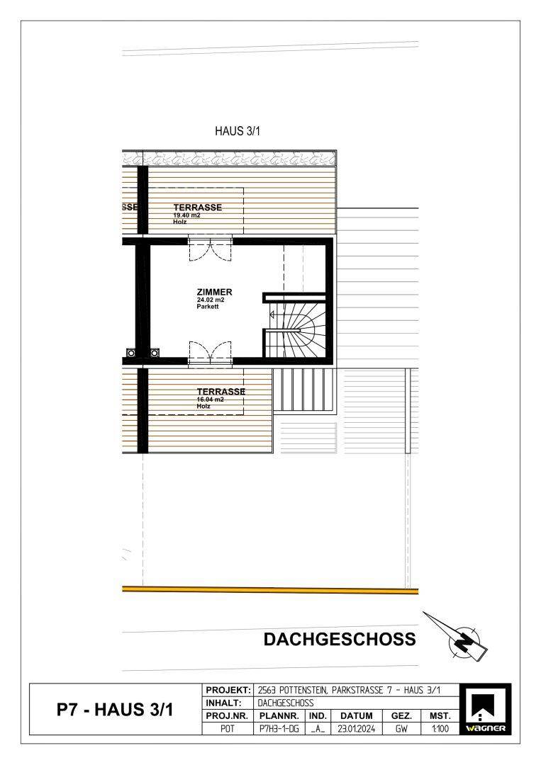 Grundriss des Dachgeschosses mit einem Zimmer und zwei großzügigen Terrassenbereichen.