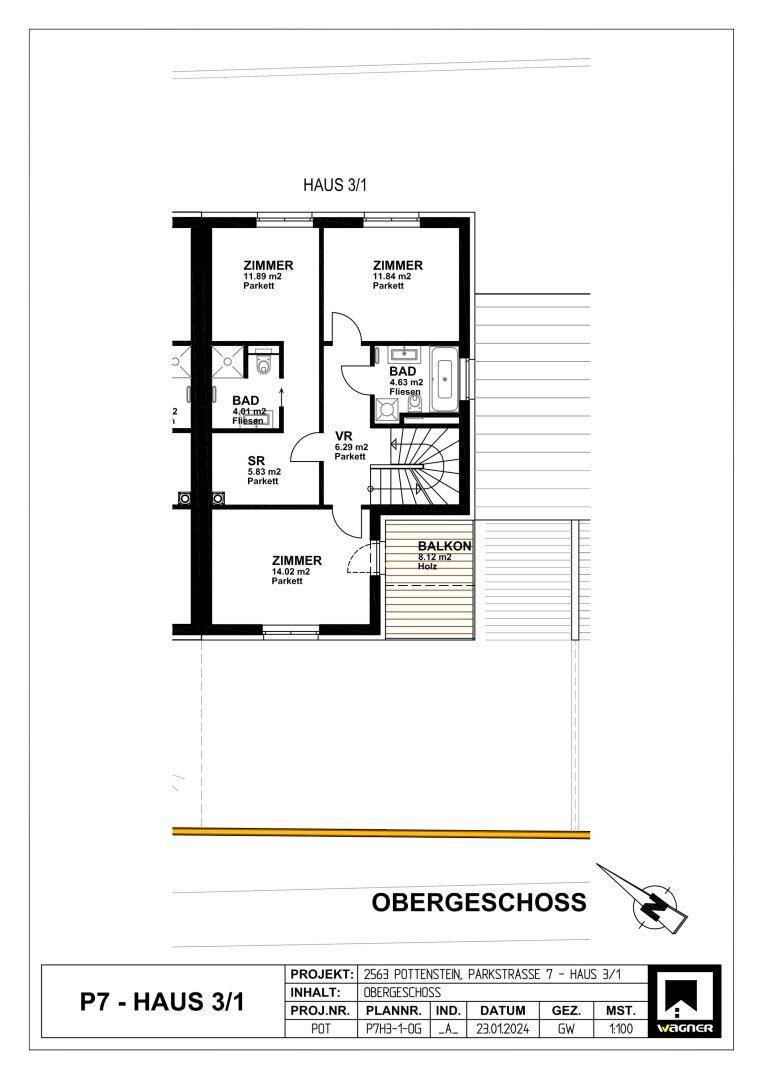 Grundriss des Obergeschosses mit mehreren Zimmern, zwei Bädern und einem Balkon.