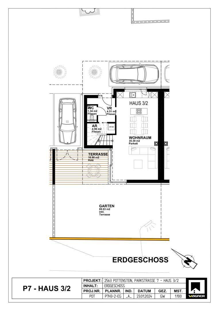Grundriss des Erdgeschosses mit Wohnraum, Terrasse, Garten und Parkplätzen.