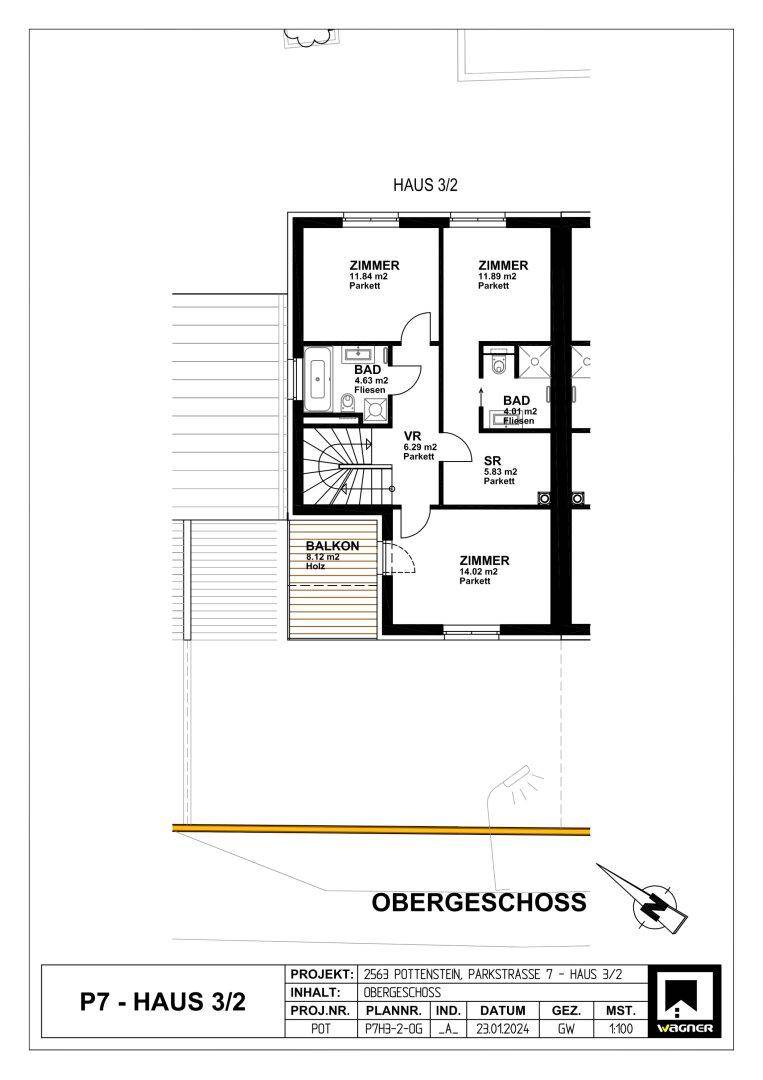 Grundriss des Obergeschosses mit drei Zimmern, zwei Bädern und einem Balkon.