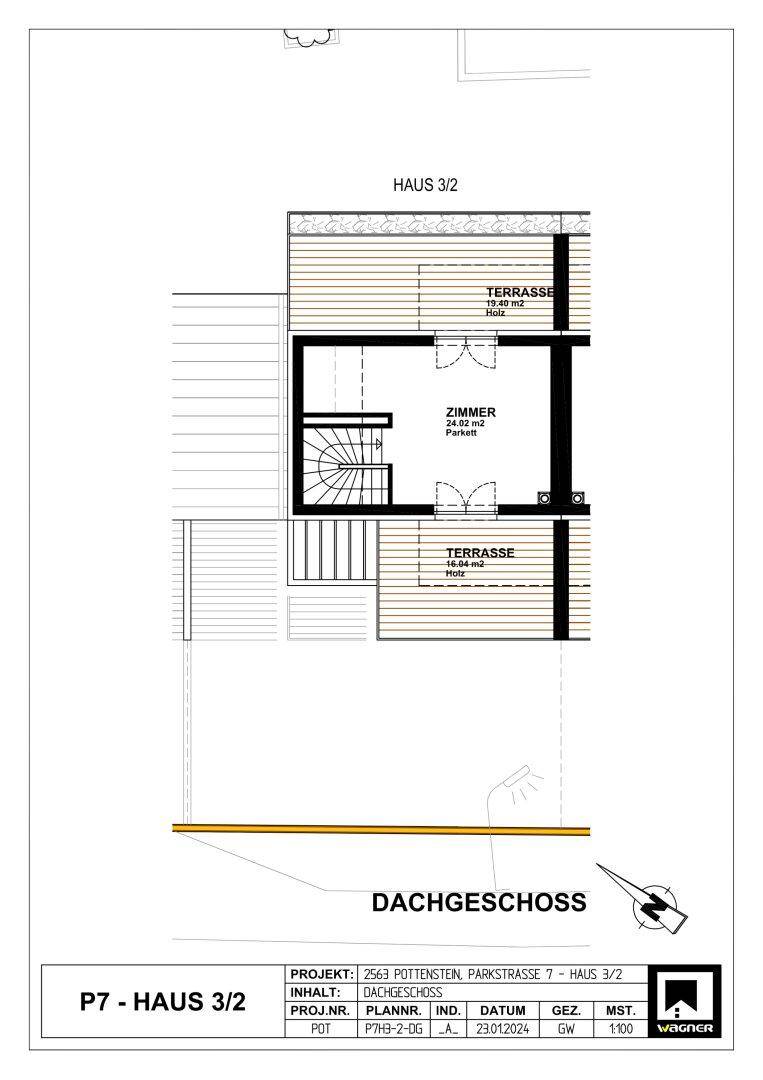 Grundriss des Dachgeschosses mit einem Zimmer und zwei Terrassenbereichen.