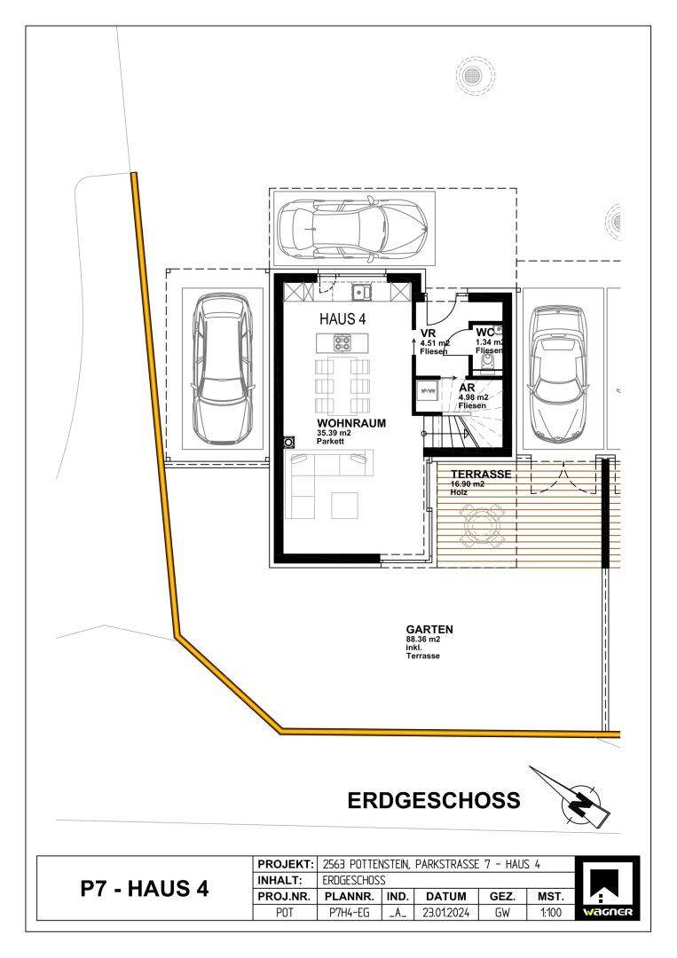 Grundriss des Erdgeschosses mit Wohnraum, Terrasse, Garten und Parkplätzen.