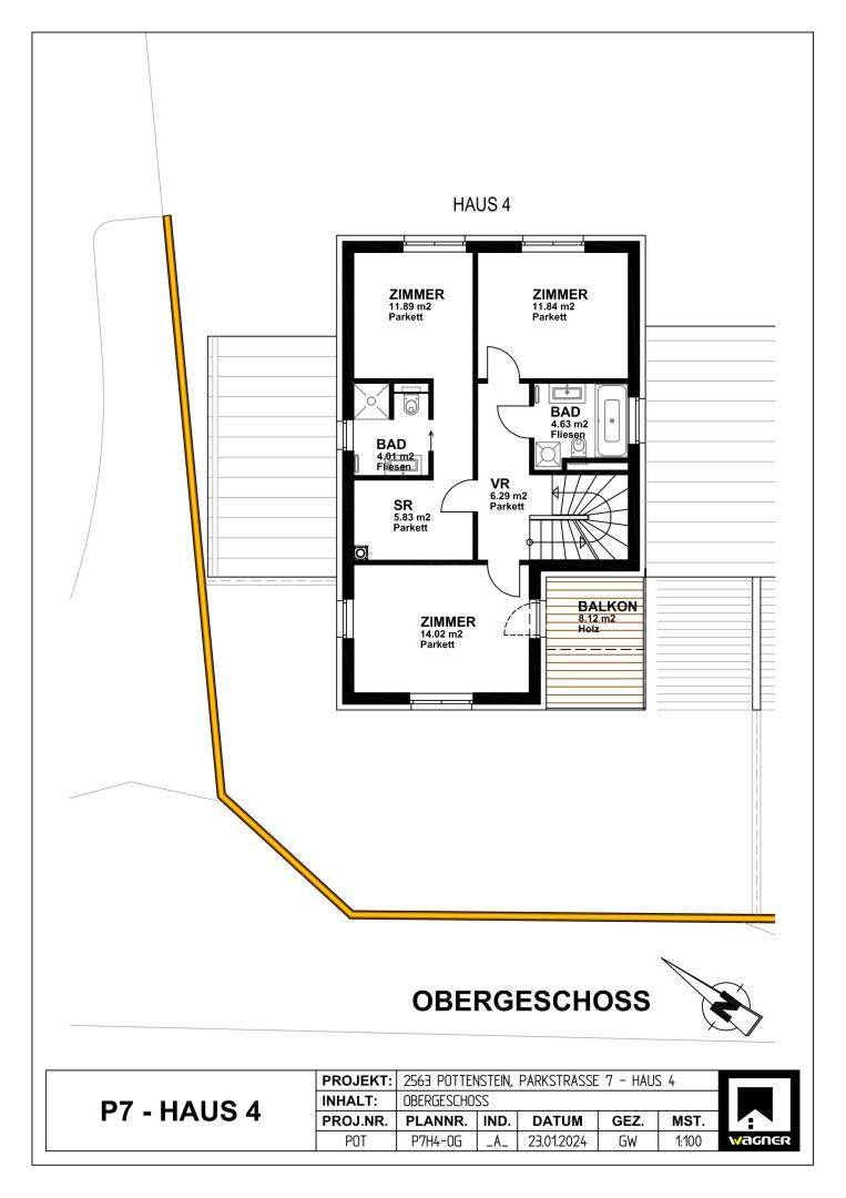 Grundriss des Obergeschosses mit Schlafzimmern, Bädern und einem Balkon.