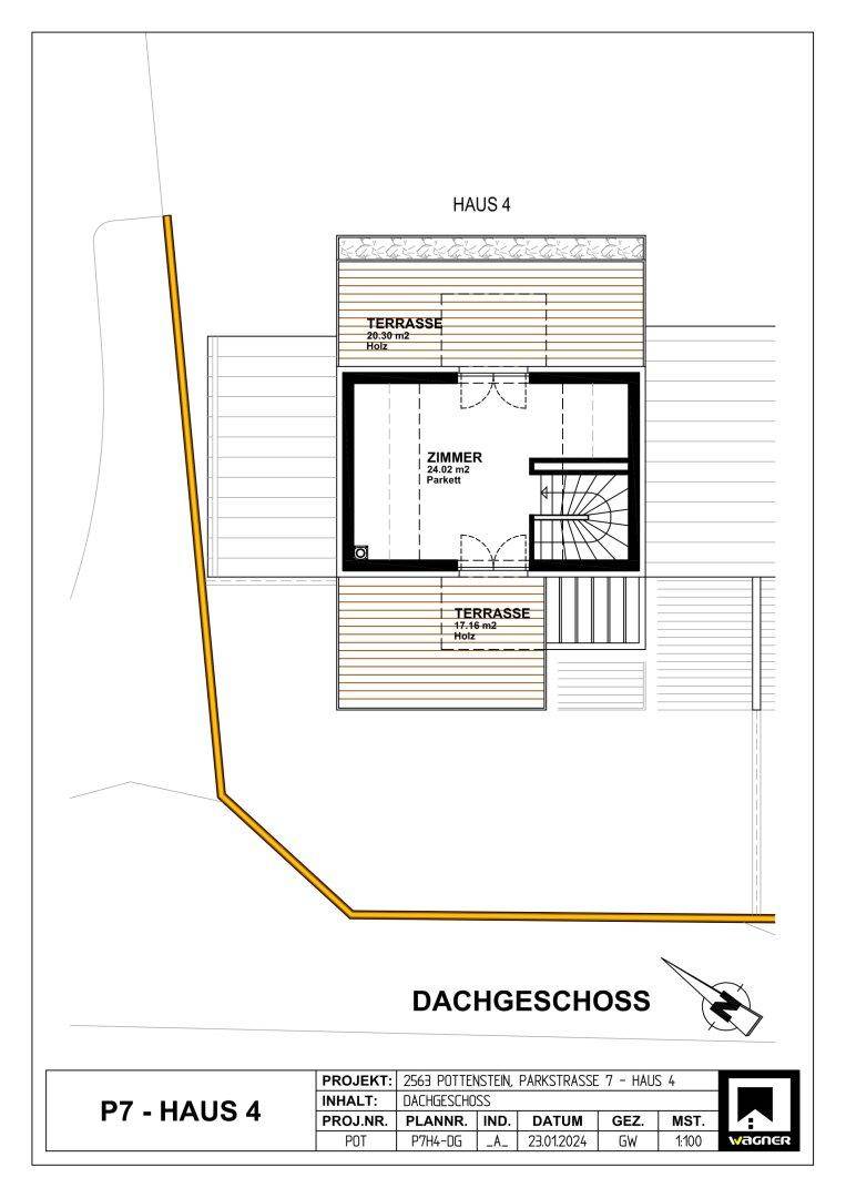 Grundriss des Dachgeschosses mit einem Zimmer und zwei Terrassen.