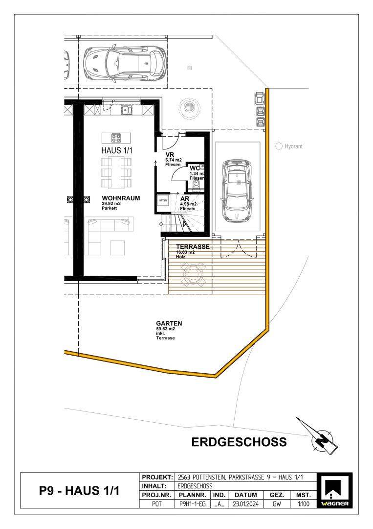Grundriss des Erdgeschosses mit Wohnraum, Küche, Terrasse und Gartenbereich sowie Parkplätzen.