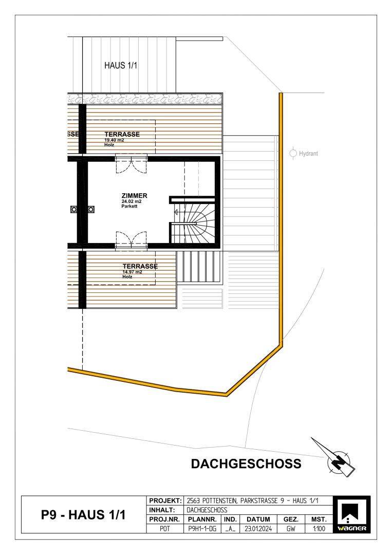 Grundriss des Dachgeschosses mit einem Zimmer und zwei Terrassenbereichen.
