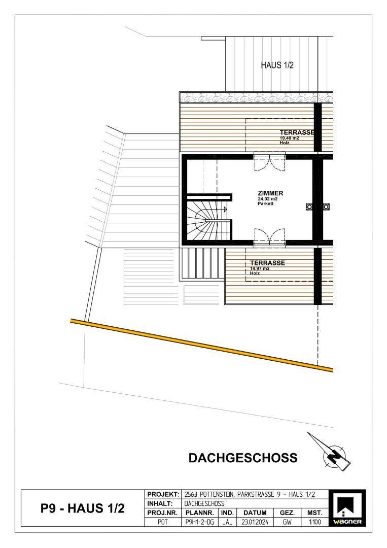 Grundriss des Dachgeschosses mit einem Zimmer, zwei Terrassen und Dachschrägen.