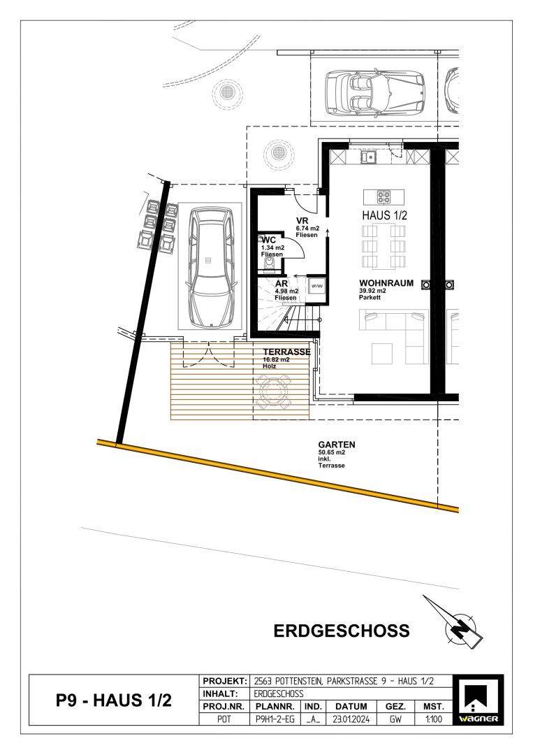 Grundriss des Erdgeschosses mit offenem Wohnbereich, Terrasse und Garten.