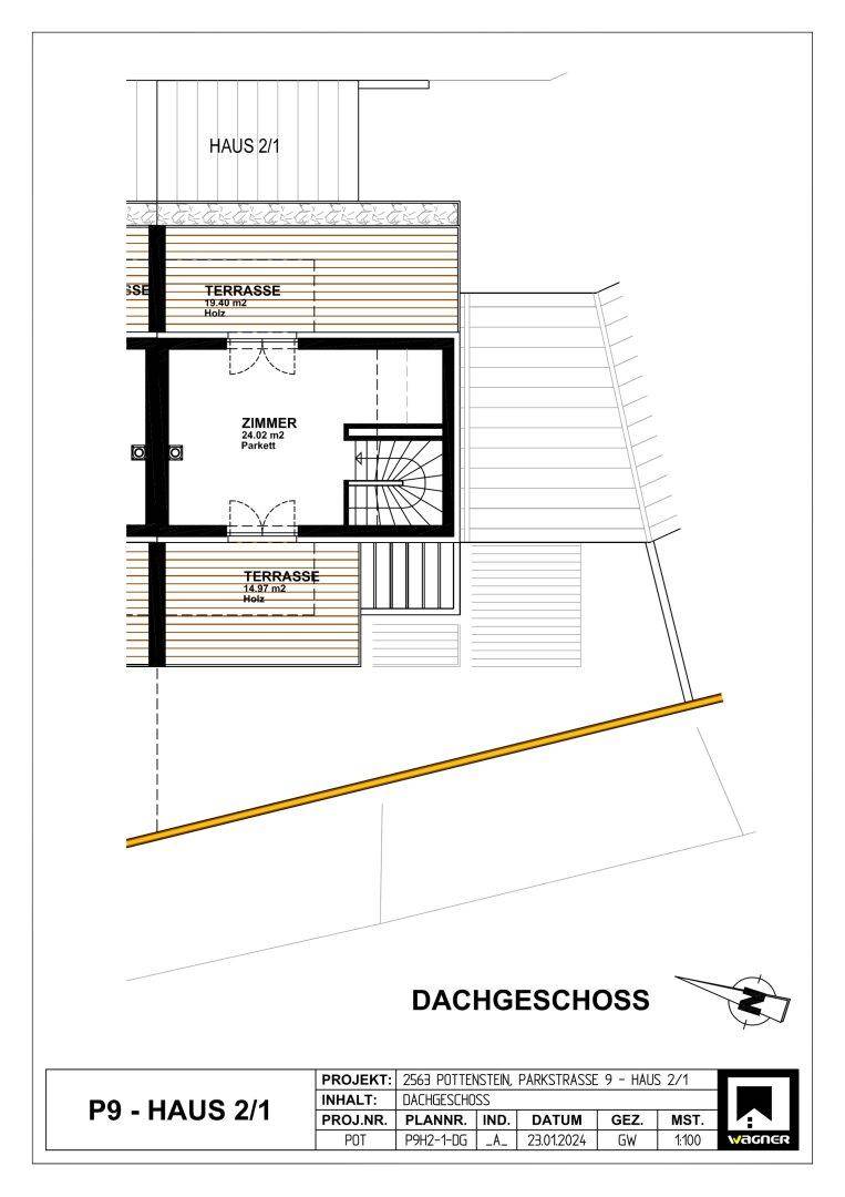 Grundriss des Dachgeschosses mit einem Zimmer und zwei Terrassen.