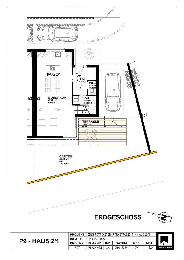 Grundriss des Erdgeschosses mit Wohnraum, Terrasse, Garten und Parkplätzen.
