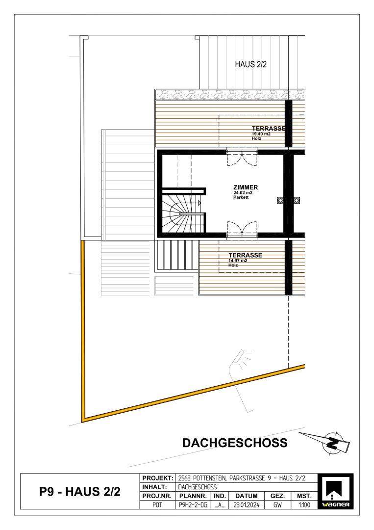 Grundriss des Dachgeschosses mit einem Zimmer und zwei Terrassen.
