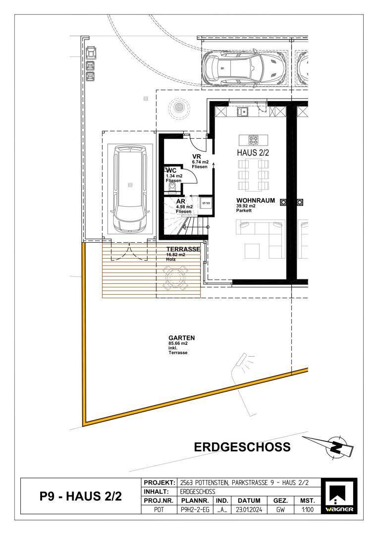 Grundriss des Erdgeschosses mit Wohnraum, Terrasse, Garten und Carport.