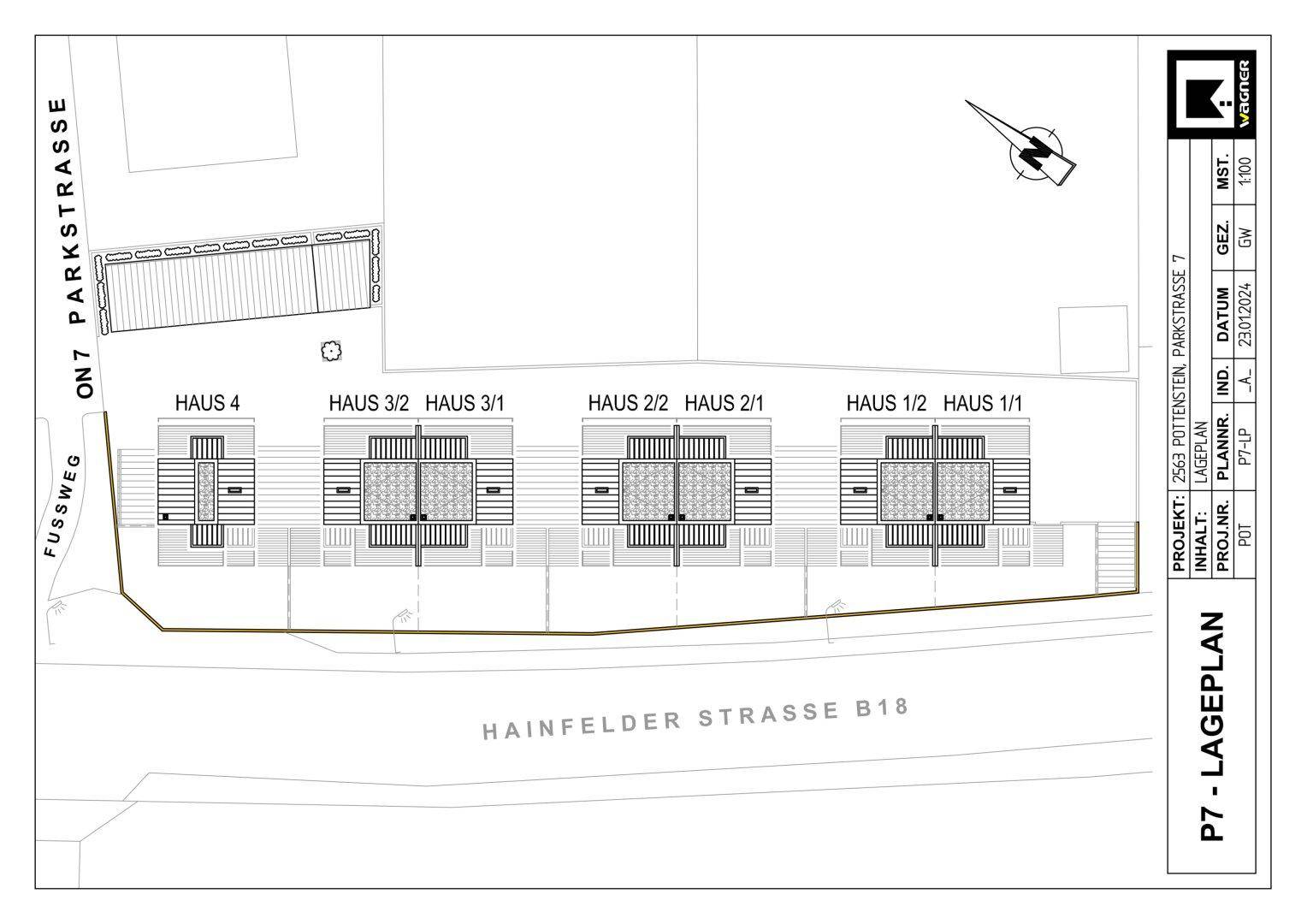 Lageplan der Reihenhäuser mit Grundstücksgrenzen und angrenzenden Straßen.