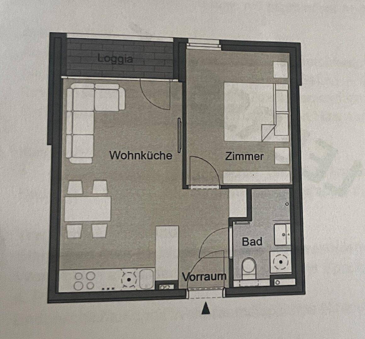 Grundriss einer modernen Wohnung mit offener Wohnküche, Zimmer, Bad und Loggia.