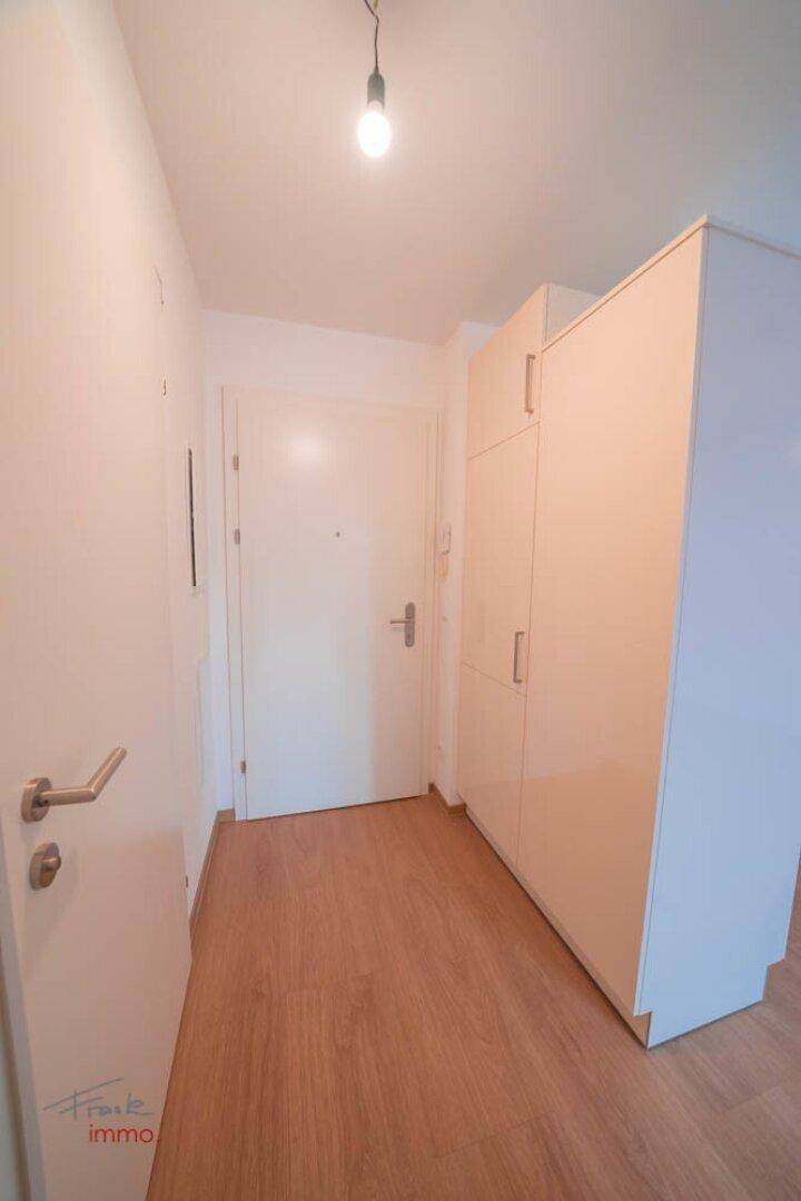 Eingangsbereich mit Holzboden und einem modernen Einbauschrank für Garderobe.