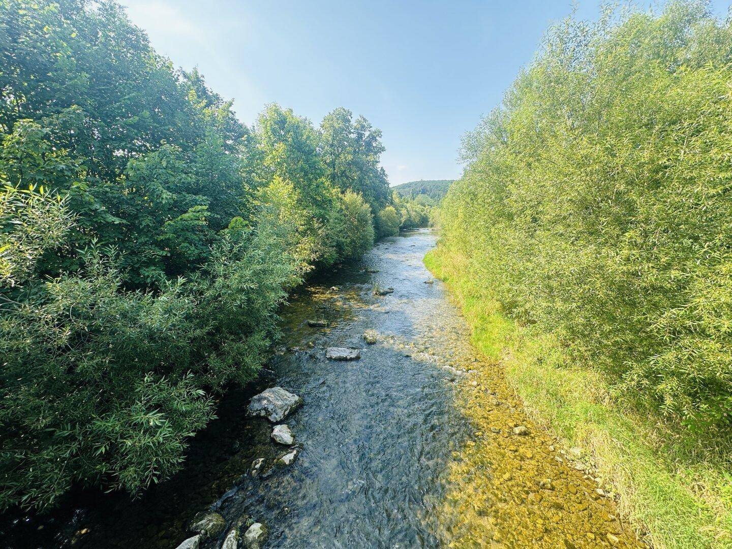 Klarer Flusslauf umgeben von üppigem Grün und Bäumen unter blauem Himmel.