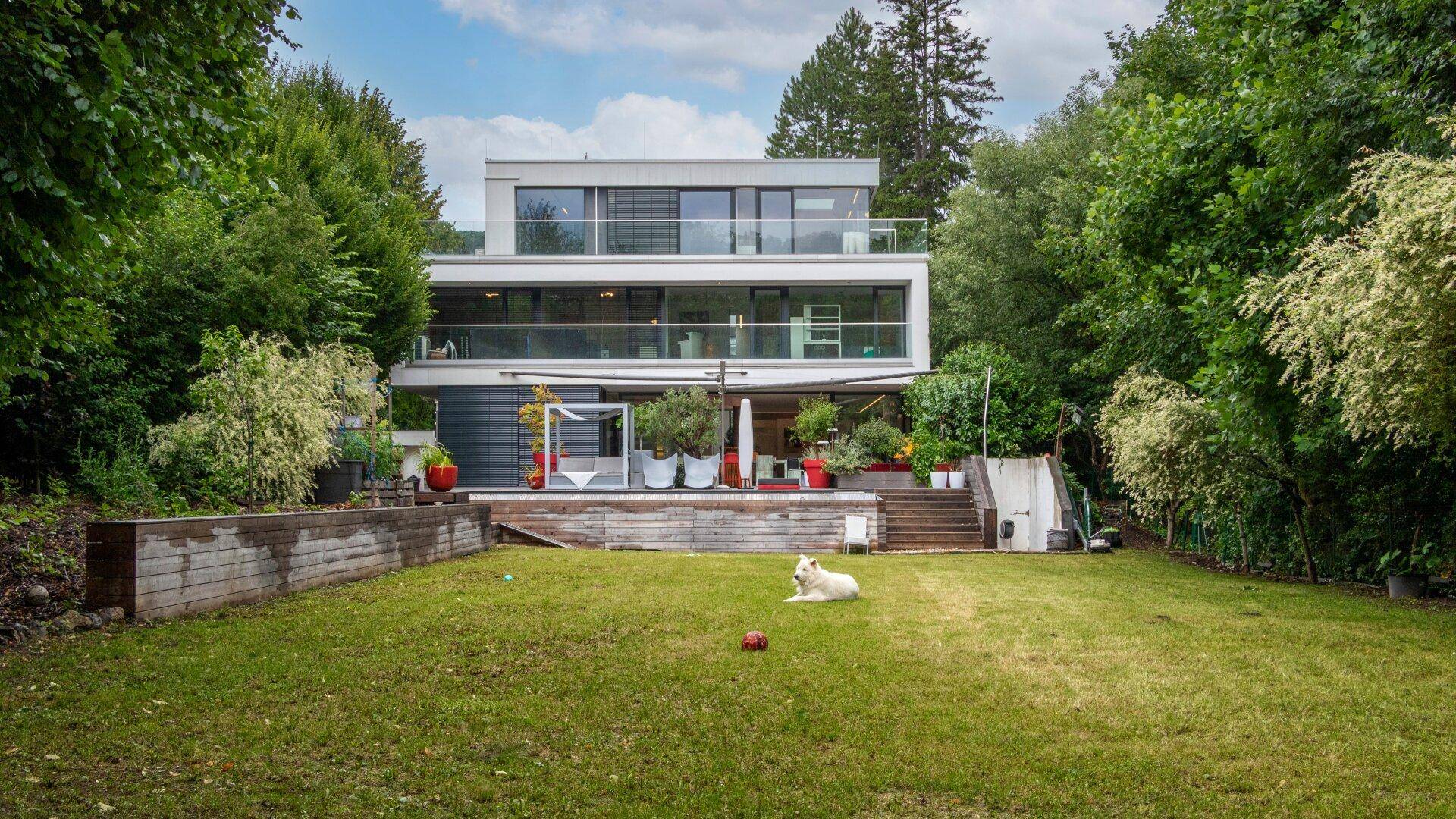 Großer, gepflegter Garten mit Rasenfläche und moderner Villa im Hintergrund, umgeben von Bäumen.