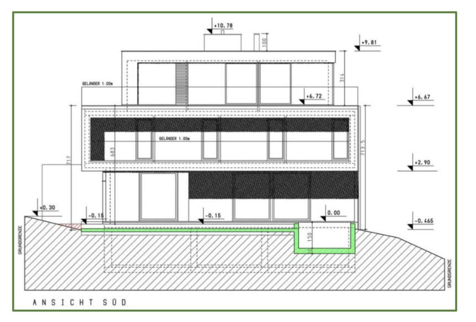 Architektonischer Schnittplan des Gebäudes mit detaillierten Fassadenansichten und Maßen.