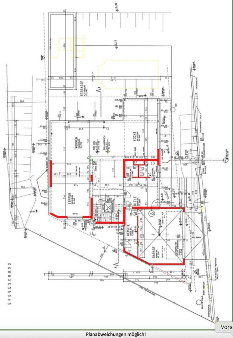 Grundriss des Erdgeschosses mit Wohnbereich, Küche und Garage.