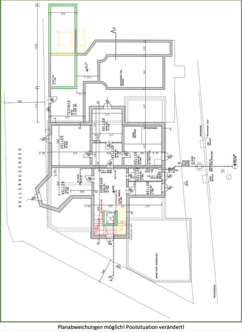 Grundriss des Kellergeschosses mit Technikraum und weiteren Kellerräumen.