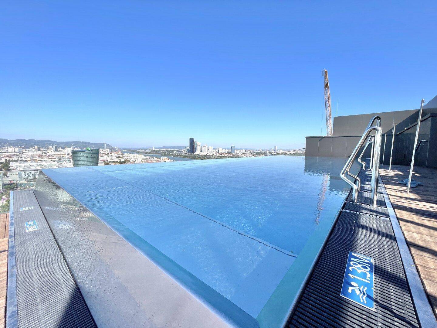 Exklusiver Infinity-Pool auf dem Dach mit Panoramablick über die Stadt und die Donau.