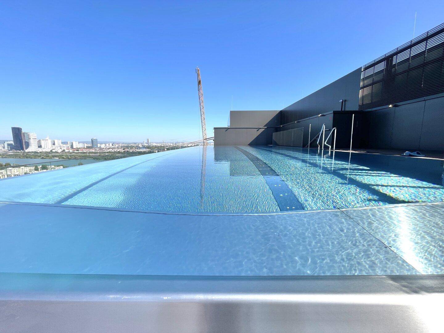 Infinity-Pool auf dem Dach mit atemberaubendem Blick auf die Stadt und den Fluss.