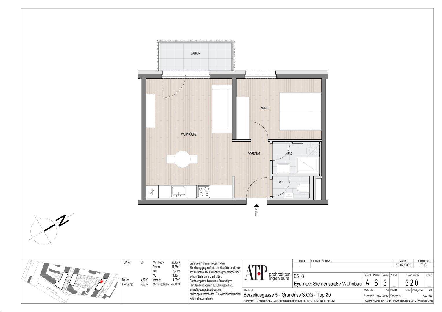 Grundriss einer Wohnung mit einem Schlafzimmer, Wohnküche und Balkon.