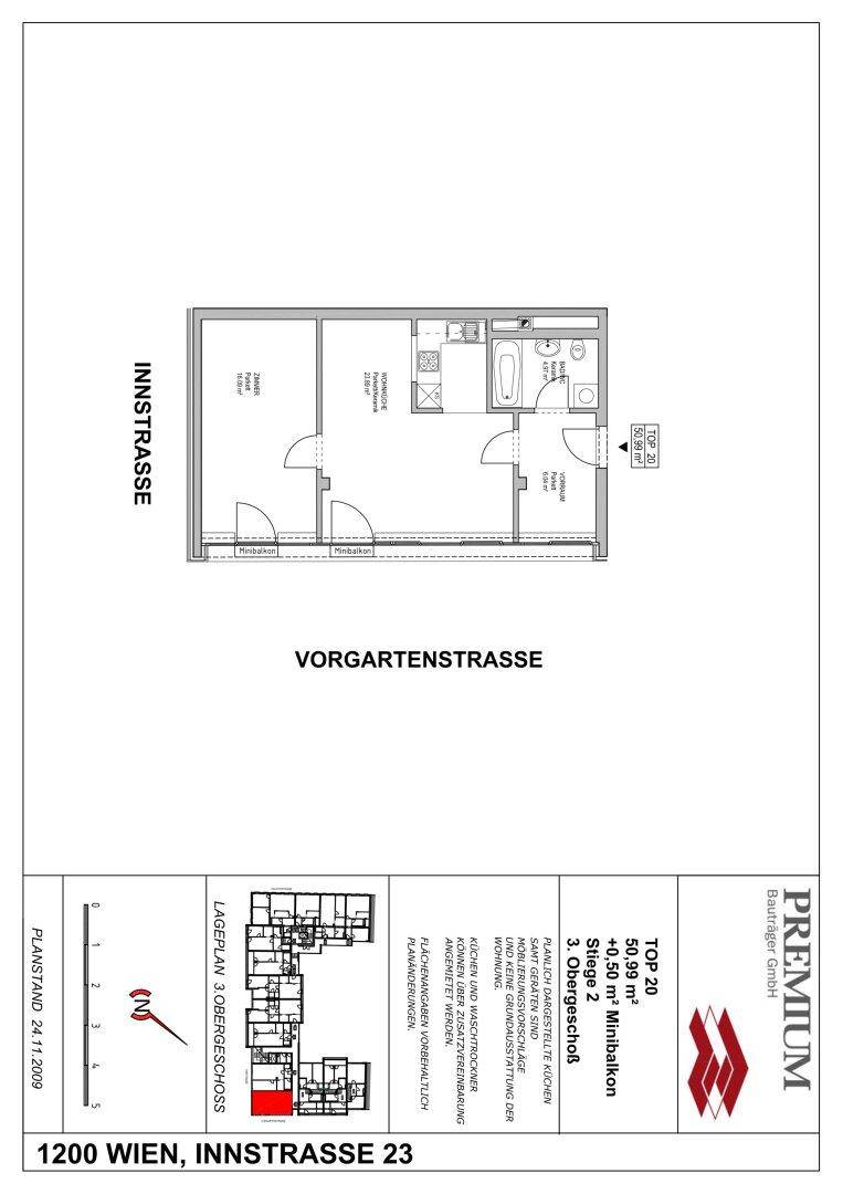Grundriss einer Wohnung im dritten Obergeschoss mit einem kleinen Balkon.