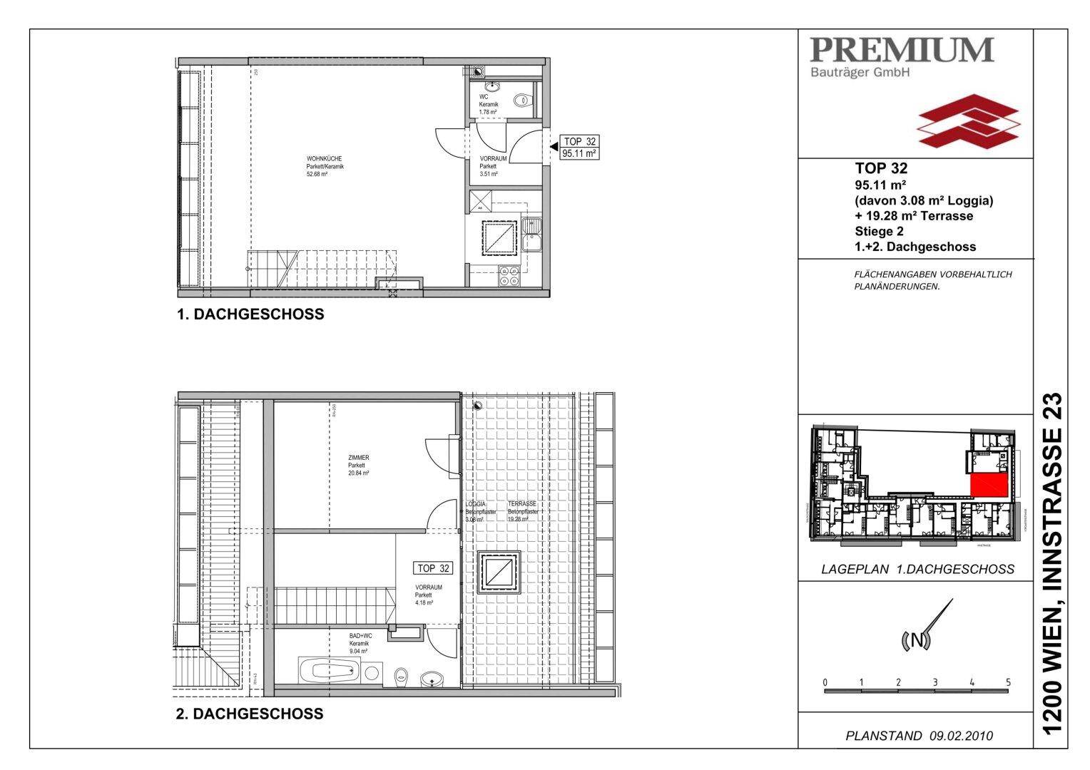 Grundrissplan für ein Dachgeschoss-Apartment mit Loggia und Terrasse.
