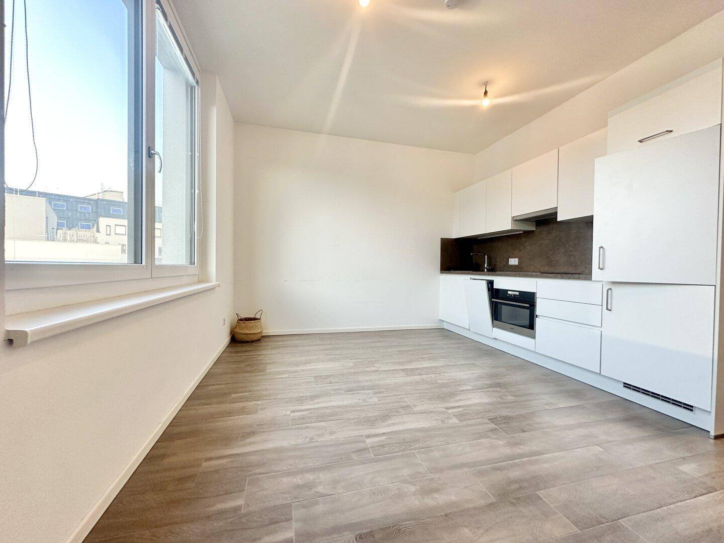 Heller Wohnbereich mit integrierter Küchenzeile, großem Fenster und modernem Bodenbelag.