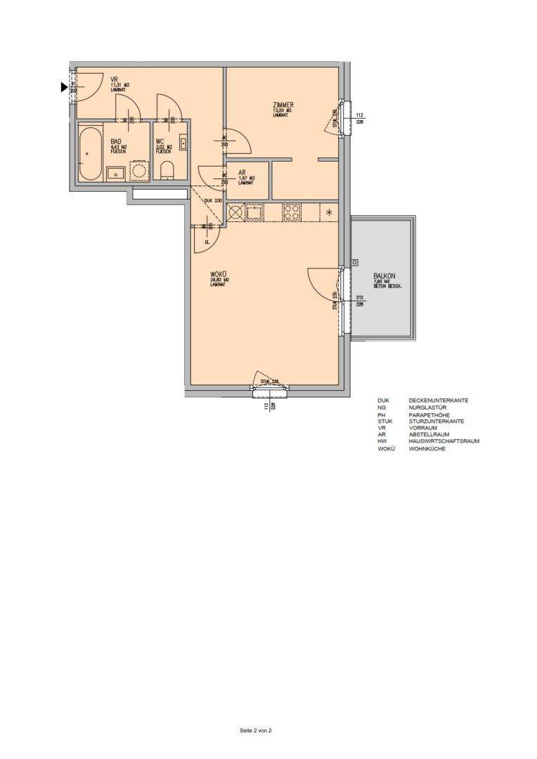 Grundriss einer Wohnung mit offenem Wohn-Kochbereich, Schlafzimmer und Balkon.