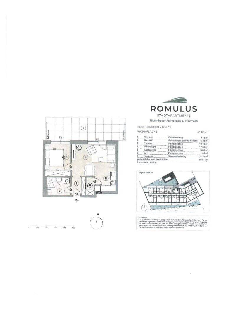 Grundriss einer Wohnung mit Terrasse, offenem Wohnbereich und separatem WC.
