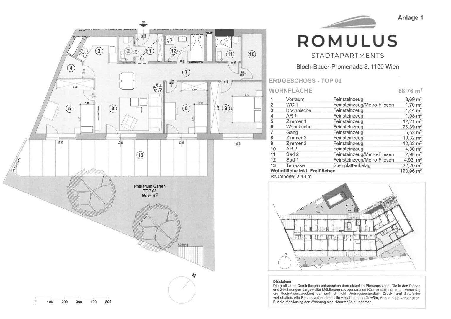 Grundriss einer Stadtwohnung mit offenem Wohnbereich, Terrasse und Gartenanteil.