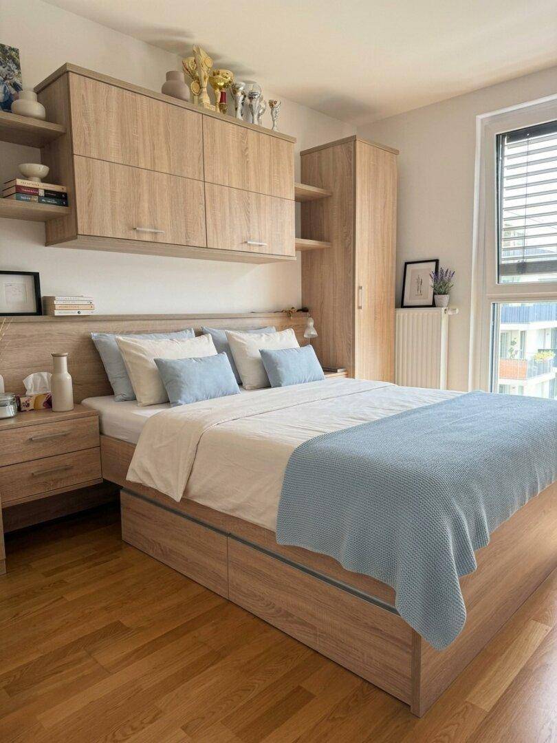 Helles Schlafzimmer mit Holzmöbeln, integrierten Schränken über dem Bett und großem Fenster.