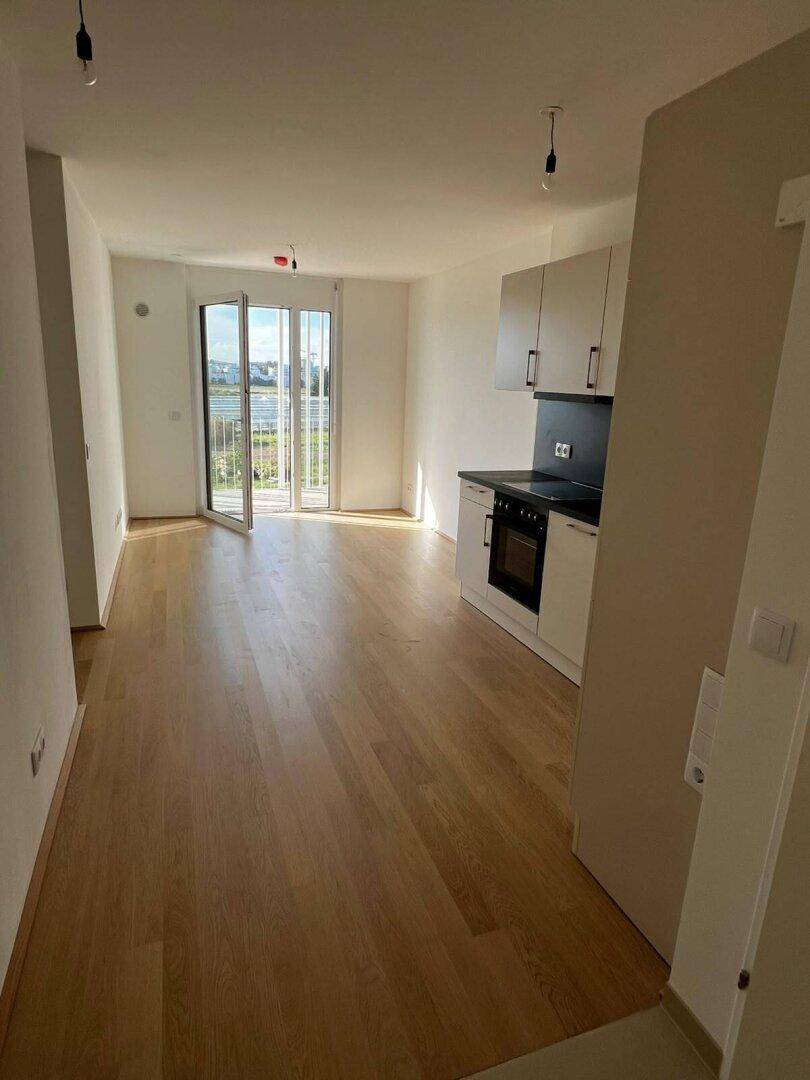 Heller Wohnbereich mit hellem Holzfußboden, integrierter Küchenzeile und Zugang zu einem sonnigen Balkon.