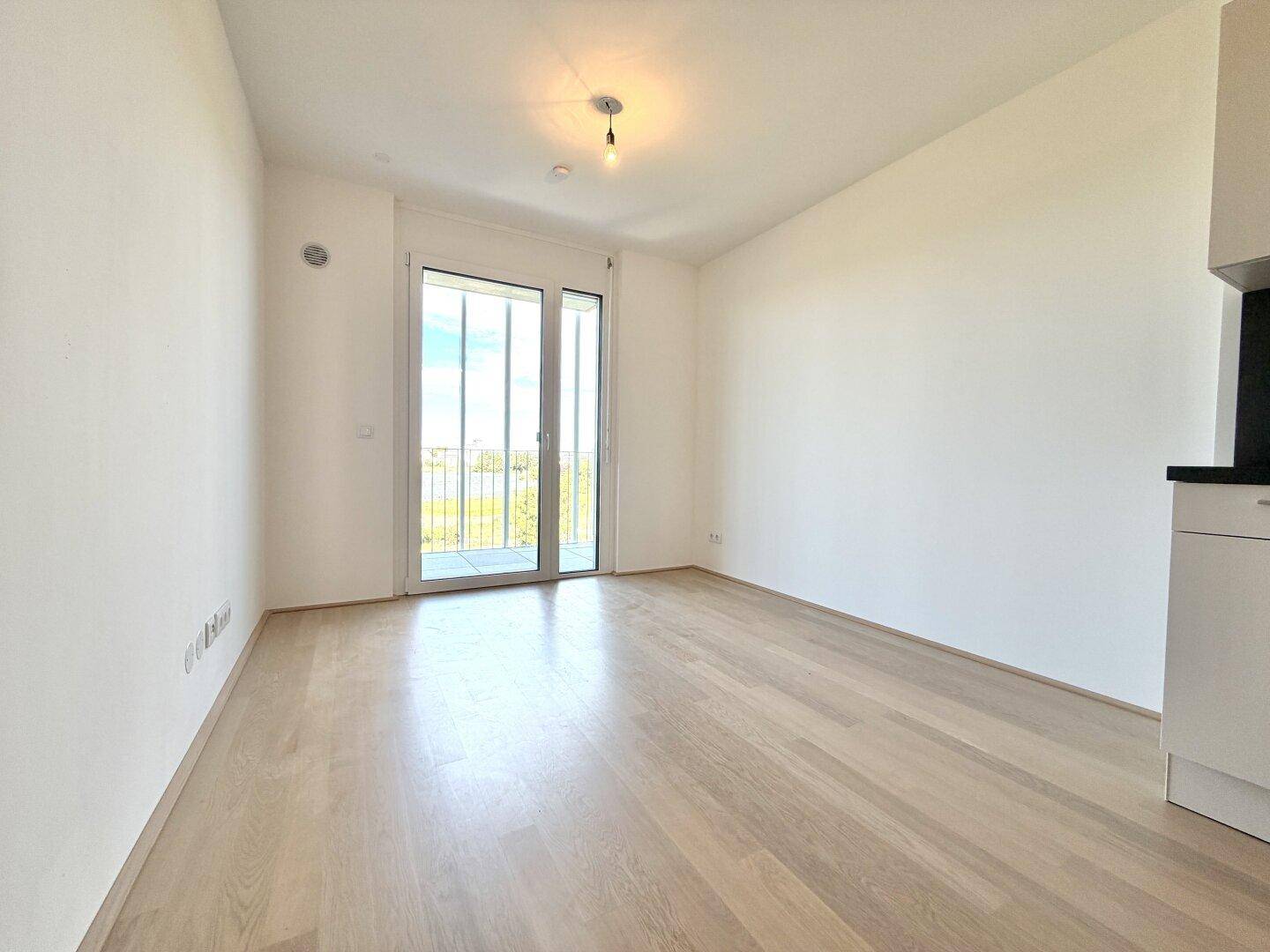 Geräumiger, heller Wohnraum mit Parkettboden und großer Glastür, die viel Tageslicht hereinlässt.