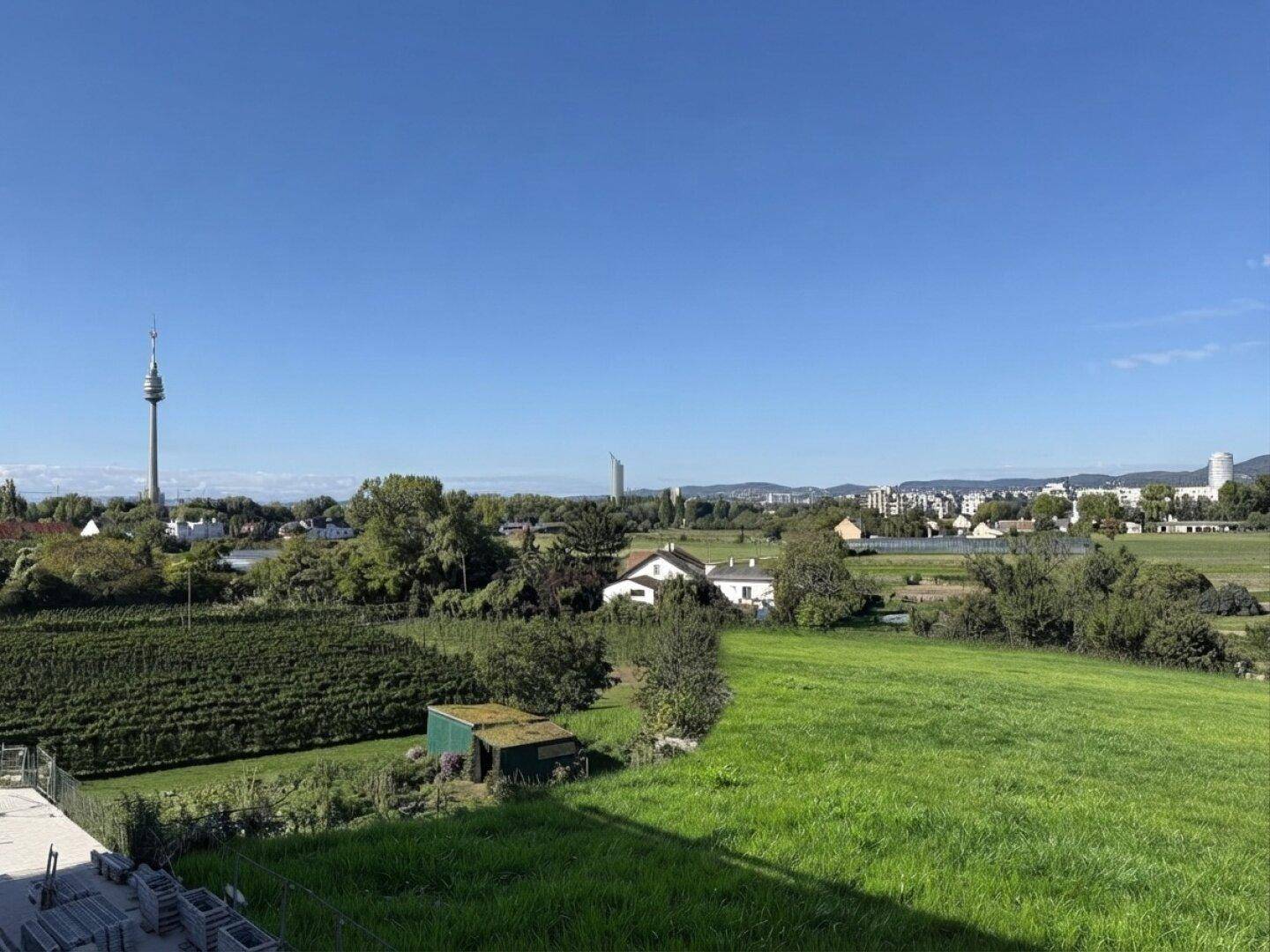 Weitläufiger Panoramablick über Weinberge, grüne Felder und die Skyline einer entfernten Stadt.